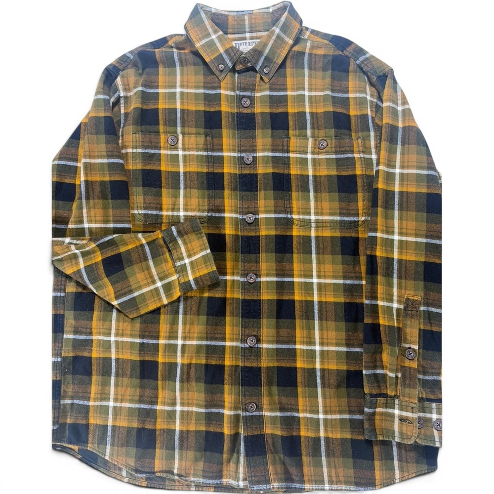 Duluth Trading Co Mens Large Relaxed Fit Flannel Shirt Plaid Yellow Green 52007